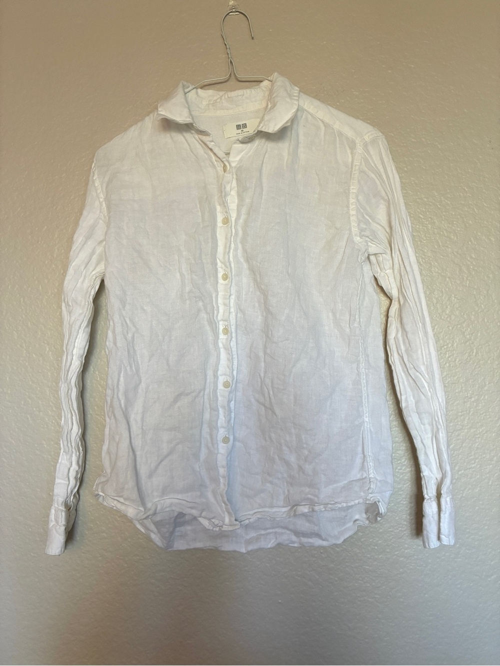 Uniqlo White 100% Linen Button-Down Shirt Women's XS Long Sleeve Collar Classic